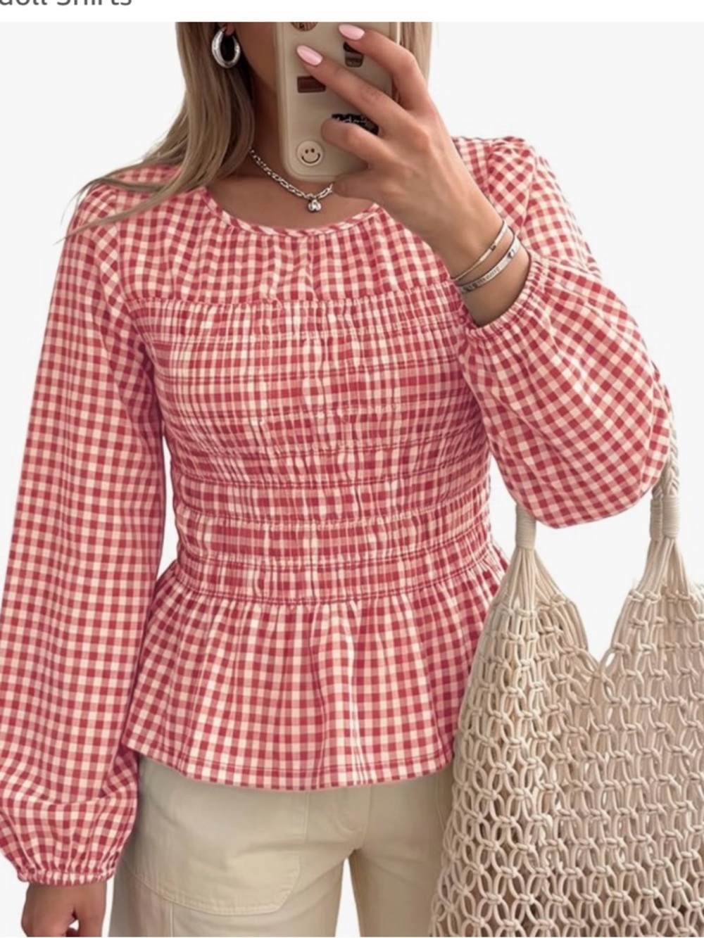 M.STUDIO Red and White Gingham Smocked Peplum Blouse